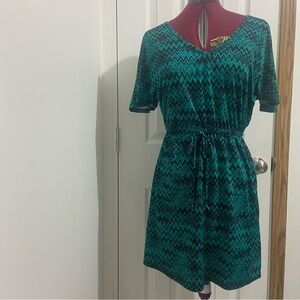 BeBop women green zig zag print stretch knit, elastic waistline dress. Size M.